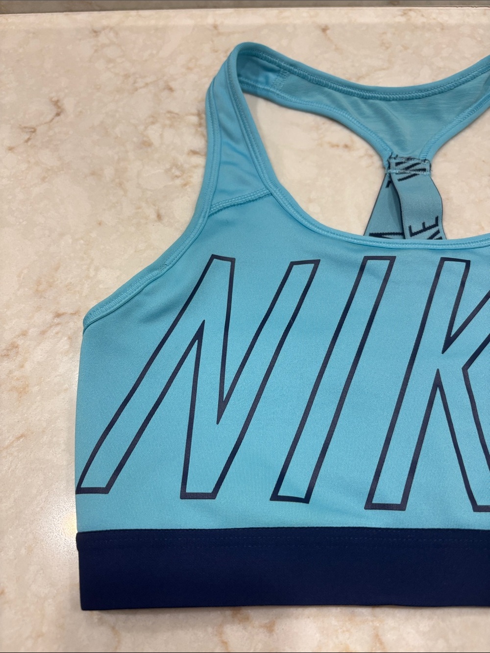 Nike Women's Aqua Blue Racerback Sports Bra with Navy Band - Picture 2 of 10